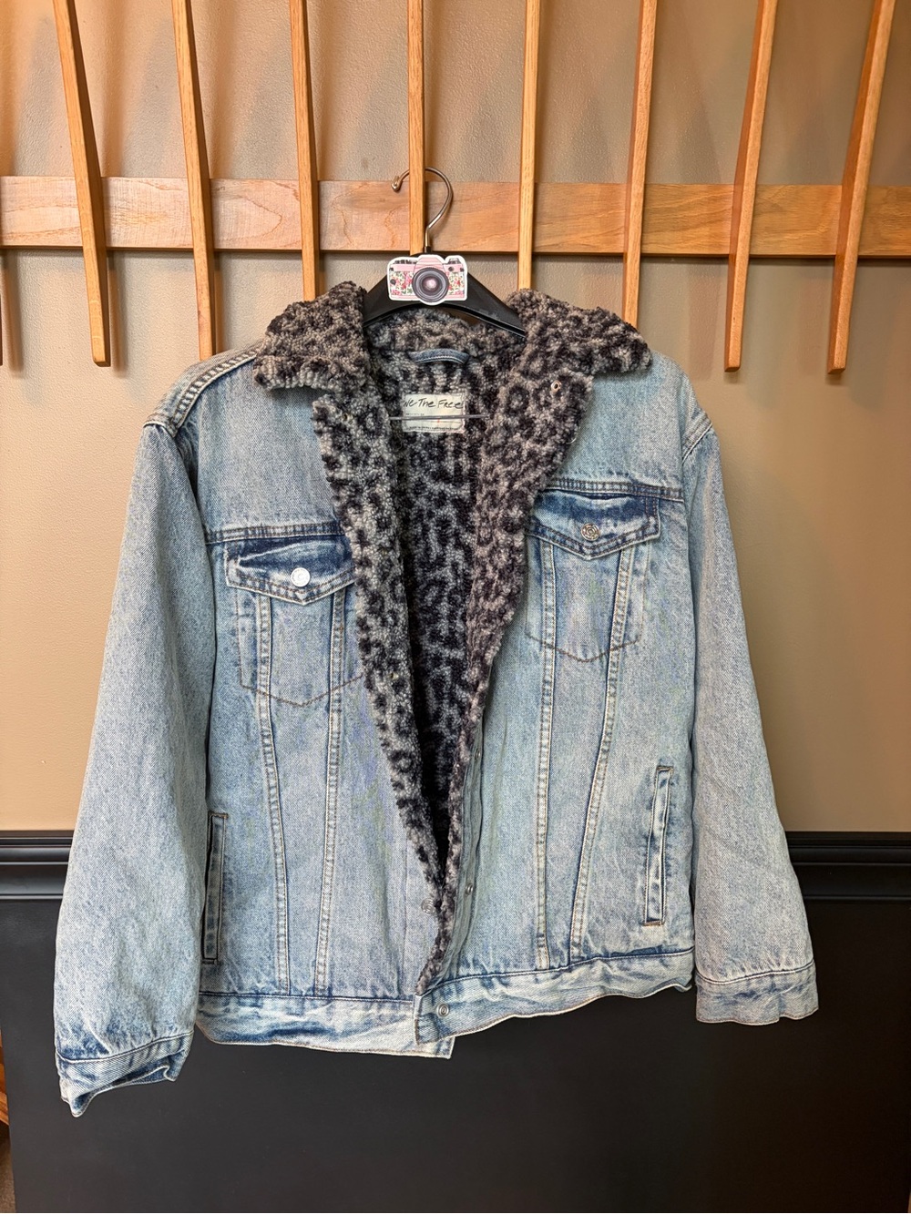 We The Free Light Blue Denim Jacket with Gray Leopard Sherpa Lining Size S